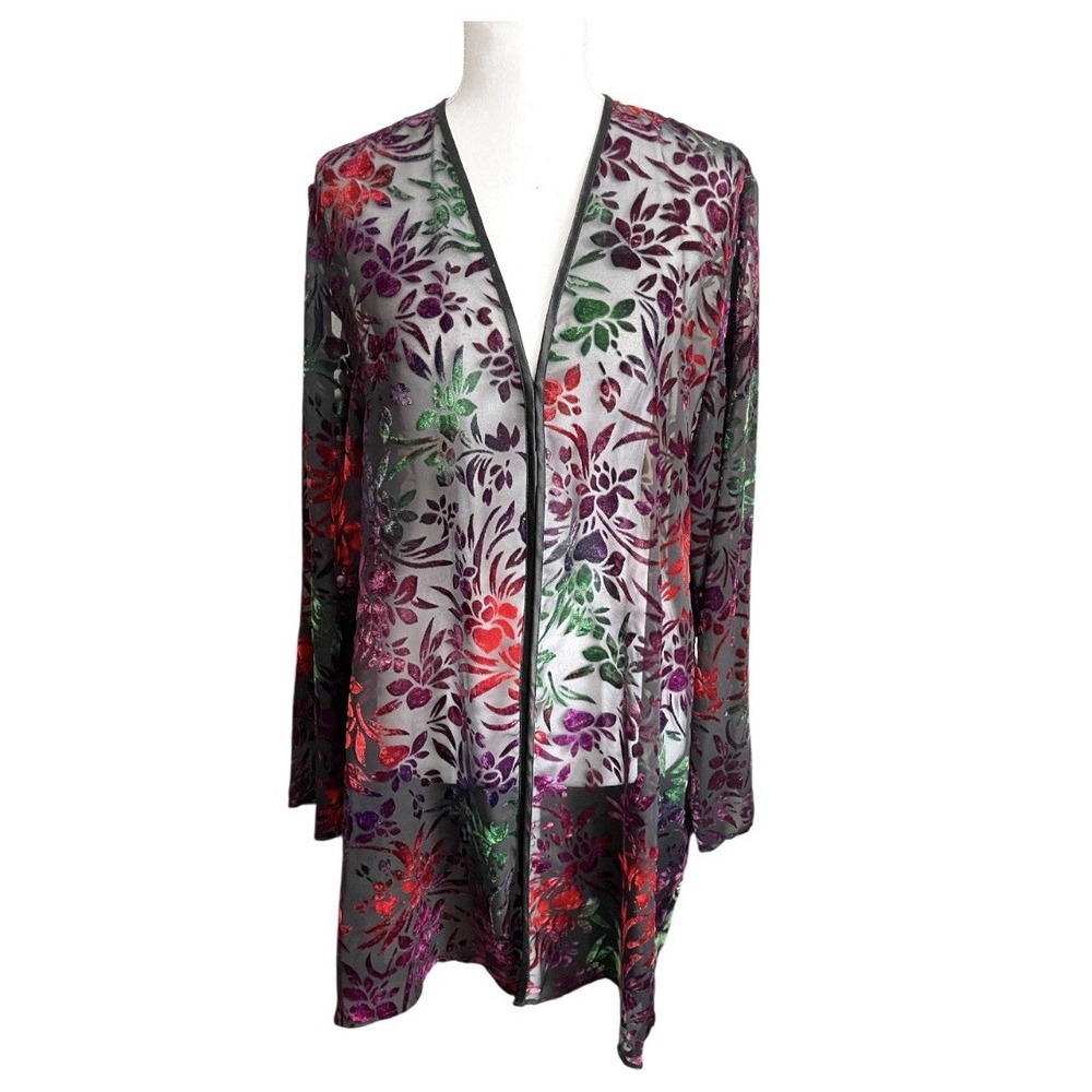 Onyx Nite Black Floral Velvet Burn Out‎ Open Front Tunic Top Gypsy Boho Festival